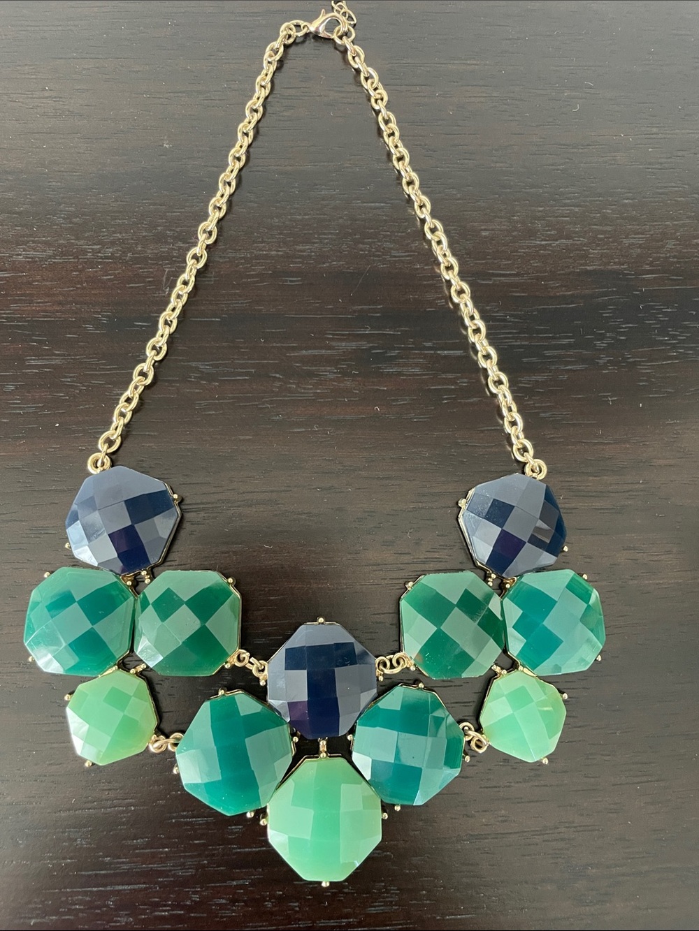 Gold-Chain Statement Necklace with Blue and Green Faceted Stones